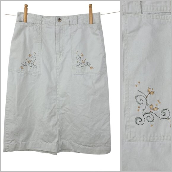 Vintage Khaki Skirt size 10 Slit Tan Embroidered Pockets Womens Midi Modest - Picture 1 of 7